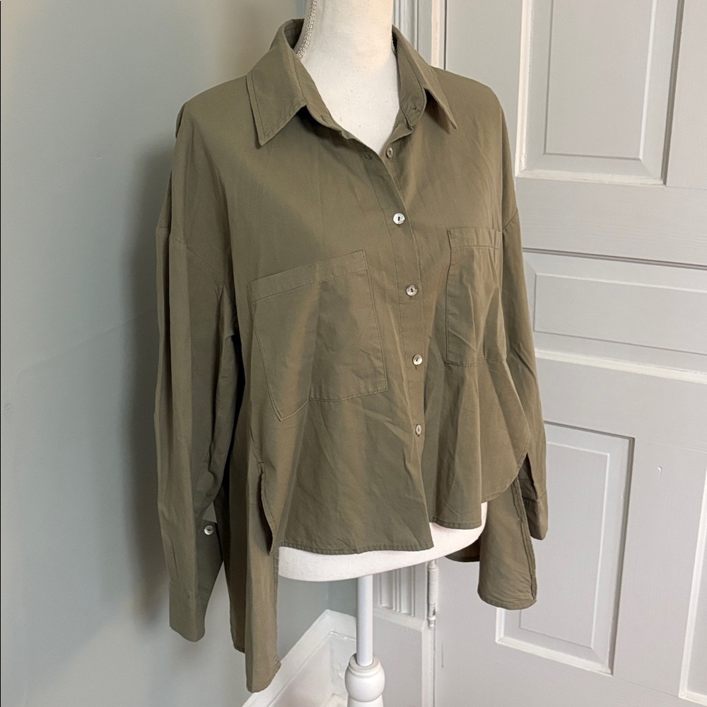Pinch Anthropologie Olive Green Shirt High Low Cotton Button Down Size‎ Large